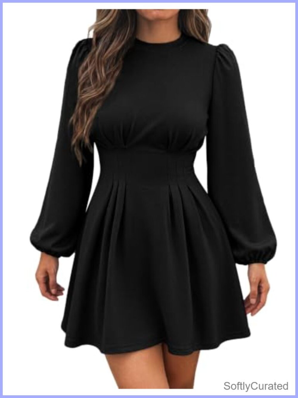 Womens Puff Long Sleeve High Waist A-Line Mini Dress Work Office